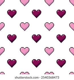 Um padrão sem costura com corações de pixel cor-de-rosa em um fundo branco, projetado em estilo retro de 8 bits. Perfeito para planos de fundo do Dia dos Namorados e projetos temáticos.