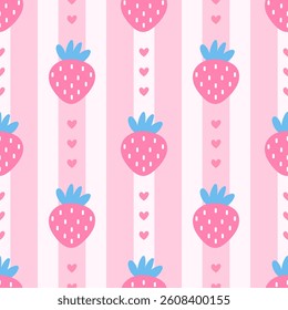 Seamless pattern featuring pink strawberries, flowers, and botanical details. Perfect for nursery decor, fabric prints, and girly designs. Sweet, minimal, and stylish