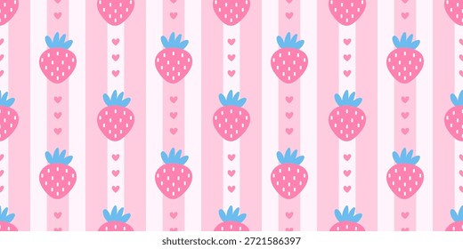 Patrón sin fisuras con fresas rosadas, flores y detalles botánicos. Perfecto para la decoración del vivero, estampados de tela y diseños femeninos. Dulce, minimalista y elegante