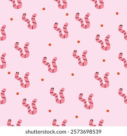 A seamless pattern featuring pink striped worms and tiny red dots on a light pink background. The worms are cheerful and illustrated in a cartoon style