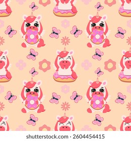 Seamless pattern featuring pink unicorns with donuts, butterflies, and flowers on a soft beige background. Ideal for children’s products, fabrics, gift wrapping, and greeting cards
