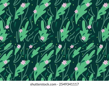 Seamless pattern featuring pink wildflowers, abstract green leaves, and dotted details on dark green background. Nature-inspired decorative design. Flat vector illustration