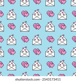 Seamless pattern featuring pixel hearts and letters, ideal for Valentine's Day wrapping paper. Cute pixel art vector design perfect for romantic, retro-inspired gifts.