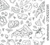 Seamless pattern featuring a pizza set, Italian cuisine, pizza slice. Pizza and ingredients in a doodle style. Hand-drawn. Perfect for menu design, banners,pizza box, websites, and packaging. Vector