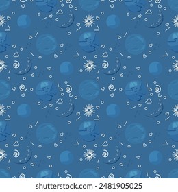 Seamless pattern featuring planets, stars and moon, on a dark red background. Great textiles and wallpaper. Cosmos pattern set. Cute spaceship. Vector 