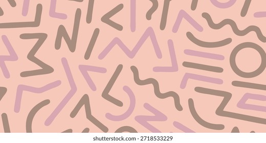 Un patrón sin fisuras con una disposición lúdica de Formas abstractas dibujadas a mano y líneas en colores pastel apagados sobre un fondo de melocotón claro.