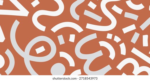 Un patrón sin fisuras que presenta una disposición lúdica de Formas abstractas blancas y grises claros, que incluyen curvas, líneas y Pequeños rectángulos, sobre un fondo cálido de terracota.