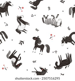 Seamless pattern featuring playful black and white horses