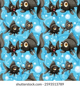 Seamless pattern featuring playful black fish swimming underwater with bubbles