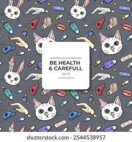 A seamless pattern featuring playful cat and bunny faces along with quirky medical-themed elements such as pills, bandages, and organs, set against a dark background