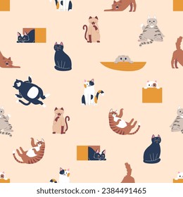 Seamless Pattern Featuring Playful Cats In Various Poses, Creating A Whimsical And Charming Design For Cat Lovers