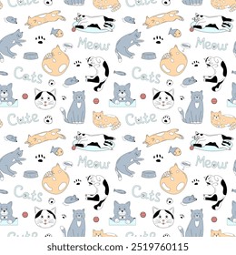 A seamless pattern featuring playful, cute cats in various poses with fish, paw prints, and toys, alongside words like "Meow" and "Cute." Perfect for cat-themed designs and prints