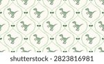 seamless pattern featuring playful green dinosaurs and detailed leafy geometric shapes on light background for creative textile and wallpaper use