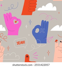 Seamless pattern featuring playful hand gestures, speech bubbles, and vibrant elements. Modern design with thumb-up, okay sign, fun doodles. Cartoon vector graphics