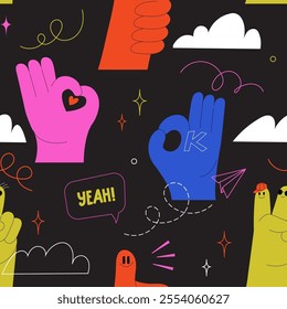 Seamless pattern featuring playful hand gestures, speech bubbles, and vibrant elements. Modern design with thumb-up, okay sign, fun doodles. Cartoon vector graphics