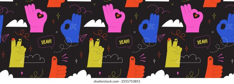 Seamless pattern featuring playful hand gestures, speech bubbles, and vibrant elements. Modern design with thumb-up, okay sign, fun doodles. Cartoon vector graphics