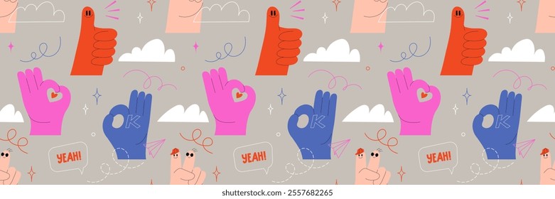 Seamless pattern featuring playful hand gestures, speech bubbles, and vibrant elements. Modern design with thumb-up, okay sign, fun doodles. Cartoon vector graphics