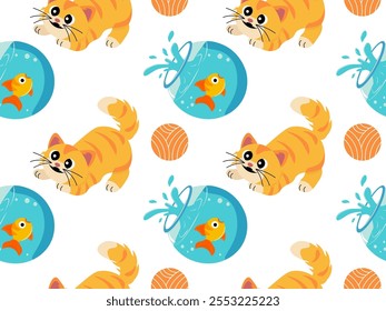 Seamless pattern featuring playful orange cat, fish bowl, and yarn in flat style. Perfect for kids' designs, textiles, wallpapers, and creative projects with cheerful and fun vibes.