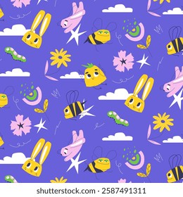 A seamless pattern featuring playful rabbits, buzzing bees, blooming flowers, butterflies, and cheerful chicks on a vibrant background. Perfect for Easter-themed designs, textiles, and digital project