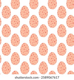 Seamless Pattern Featuring Polka Dot Egg Shapes on White Background. Pattern of pastel pink egg shapes with polka dot design arranged in a repetitive layout for backgrounds.