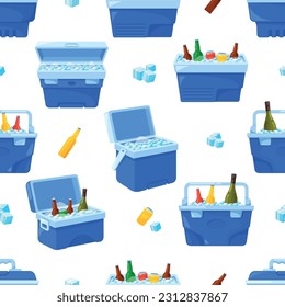 Seamless Pattern Featuring Portable Closed and Open Refrigerators with Beverage Bottles and Cans, Perfect For Picnics