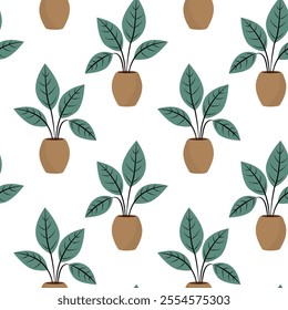 Seamless pattern featuring potted houseplants, showcasing lush green leaves in planters. Colorful flat vector illustration.