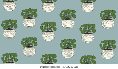 Patrón sin fisuras con plantas en maceta con hojas redondeadas y macetas decorativas beige sobre un fondo azul apagado, ideal para textiles o Fondo de pantalla.
