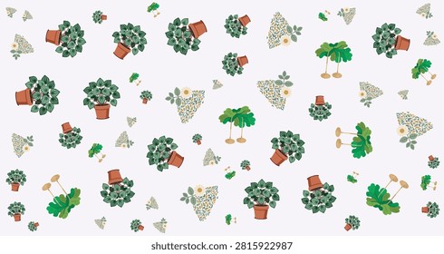 Seamless pattern featuring potted succulents and greenery in clay pots with decorative stones on a white background for garden designs and plant decoration themes