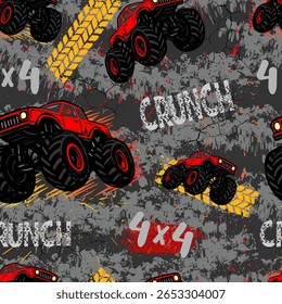 Seamless pattern featuring powerful monster trucks, tire marks, and grunge textures. Bold and energetic design perfect for boys’ apparel, extreme off-road themes, and kids' automotive fashion.
