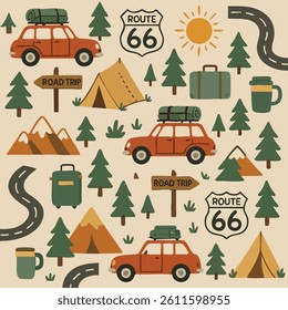 A seamless pattern featuring a prominent Route 66 sign in the center