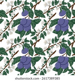 Seamless Pattern Featuring Purple Plums and Green Leaves on White Background. Illustration showcasing a repeating design of purple fruits with green leaves and white blossoms. The seamless pattern 