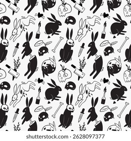 Seamless pattern featuring a rabbit silhouettes in black with whimsical, spooky elements like skulls, knives, and plants on a white background