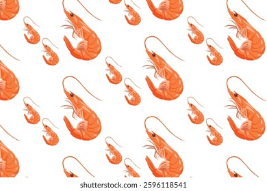 A seamless pattern featuring realistic orange shrimp on a white background. Perfect for textile design, wallpapers, and seafood-themed projects.