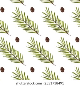 A seamless pattern featuring realistic pine branches and cones on a crisp white background. Perfect for Christmas, winter-themed designs, wrapping paper, and seasonal decor projects.