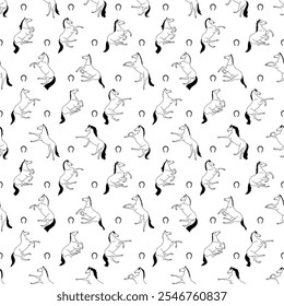 Seamless pattern featuring rearing horse illustrations with minimalistic black and white design and horseshoe motifs on a white background  