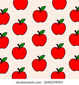 A seamless pattern featuring red apples with green leaves on a soft beige background. The clean, flat design style makes it perfect for product packaging, wrapping paper, or children’s stationery.