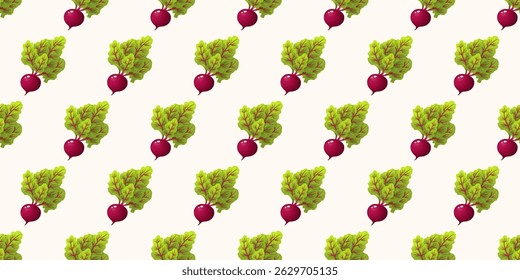 Seamless pattern featuring red beets with leafy green tops on a light background. Perfect for themes related to harvest, gardening, farming, healthy eating, organic food, and seasonal vegetables.