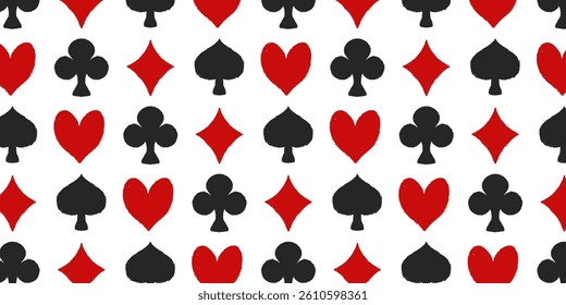 A seamless pattern featuring red and black crayon-drawn hearts, diamonds, clubs, and spades. A vector illustration of gambling game and casino symbols. Hand-drawn funky wrapping paper 