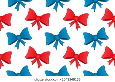 A seamless pattern featuring red and blue festive bows on a white background. Ideal for holiday decor, gift wrapping, and design projects.