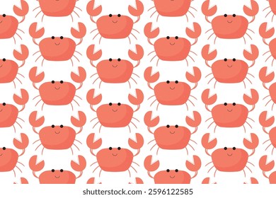 A seamless pattern featuring red cartoon crabs on a white background. Ideal for beach-themed designs, summer prints, and seafood branding.