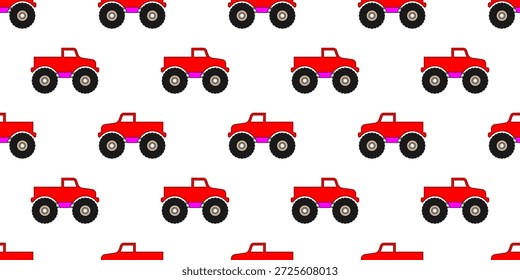 Seamless pattern featuring red cartoon monster trucks with big wheels on a white background for kids