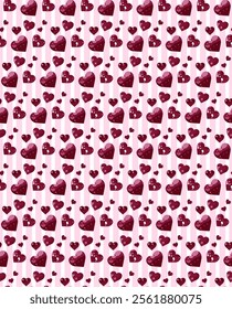 Seamless pattern featuring red heart shapes of varying sizes arranged uniformly on a pink and white stripes background. For wallpaper, Valentine’s Day decorations, packaging materials, wrapping paper.