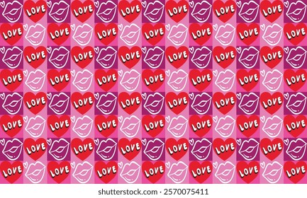 Seamless pattern featuring red hearts, the word 'love,' and kiss illustrations. Ideal for Valentine's Day designs, romantic decorations, digital backgrounds, and product packaging.