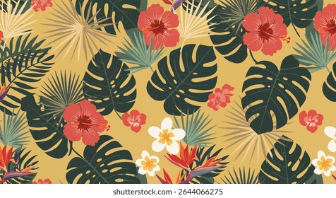 A seamless pattern featuring red hibiscus, dark green monstera leaves, white plumeria, and bird of paradise flowers on a yellow background.