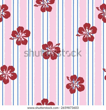 A seamless pattern featuring red hibiscus flowers over a soft pink and blue vertical stripe background. The design is perfect for summer-themed textiles, beachwear, wrapping paper, tropical home decor