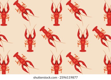 A seamless pattern featuring red lobsters on a beige background. The classic marine-inspired design is perfect for seafood restaurant branding, textiles, and packaging.