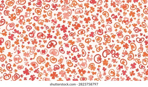 Seamless pattern featuring red and orange hand-drawn squiggles, shamrocks, and abstract heart shapes scattered on a white background, suitable for fabric and digital backgrounds.