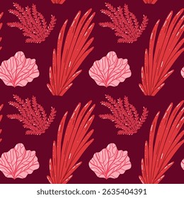 Seamless Pattern Featuring Red And Pink Abstract Seaweed On Burgundy Background. A dynamic seamless pattern displaying red and pink abstract seaweed on a bold burgundy backdrop, offering a vivid 