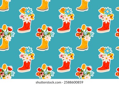 A seamless pattern featuring red rubber boots with colorful flowers on a teal background. Ideal for fabric, gift wrap, and digital projects.