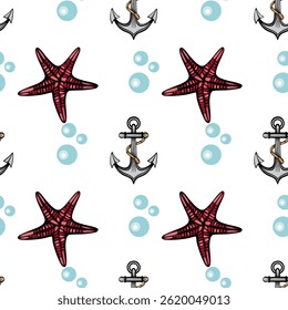 A seamless pattern featuring red starfish, nautical anchors, and blue bubbles on a white background. The design is playful and marine-themed, suitable for beach or ocean-related projects.